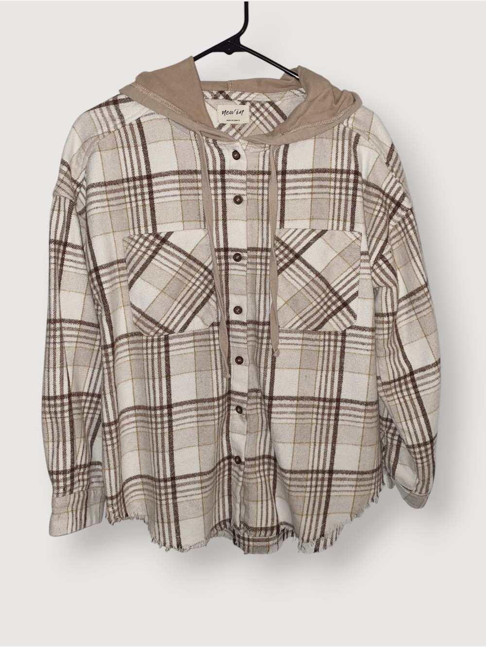 New In Cream Plaid Hooded Flannel Shirt | Size S